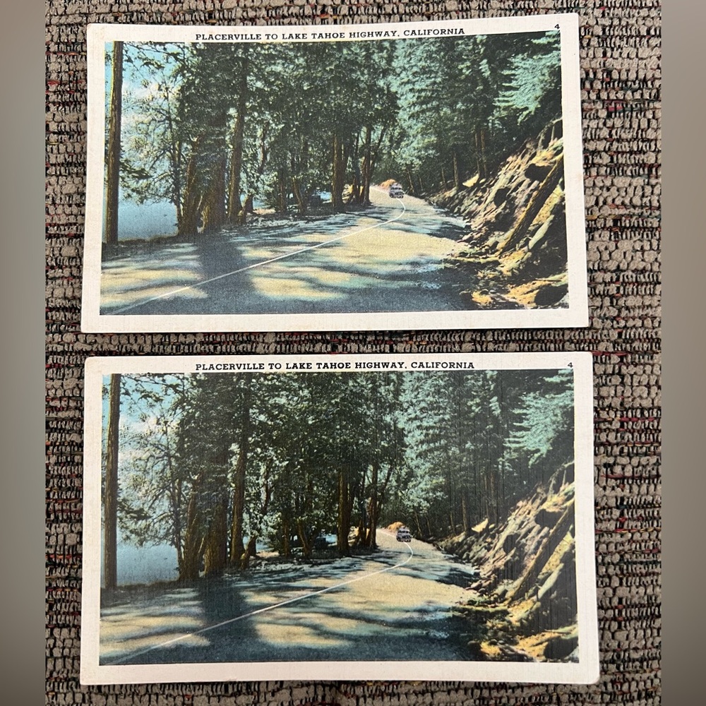 Two unused Placerville to Lake Tahoe Highway Postcards